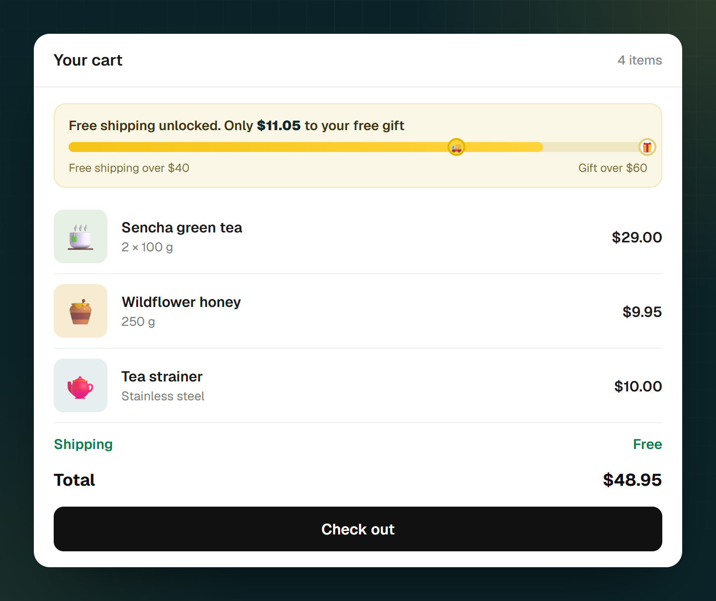 Cart with a bar and two goals: free shipping over 40 dollars is reached, and 11.05 dollars is left to the free gift over 60 dollars