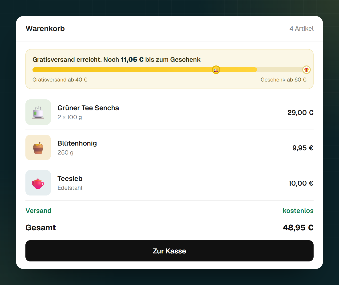 Warenkorb mit einem Balken und zwei Zielen: Gratisversand ab 40 Euro ist erreicht, bis zum Geschenk ab 60 Euro fehlen noch 11,05 Euro