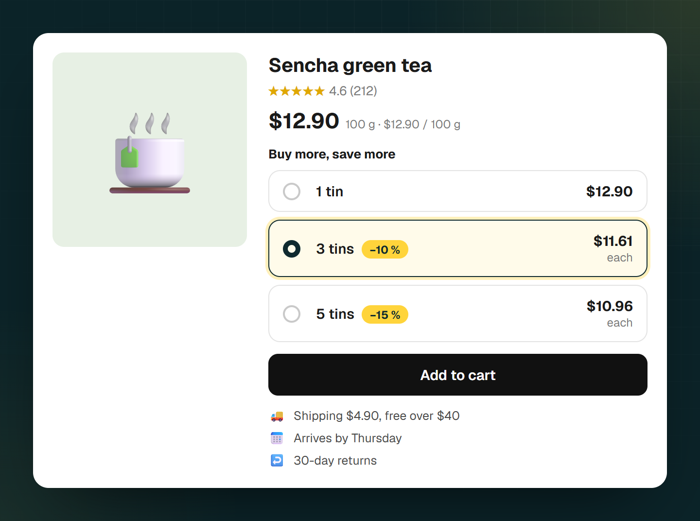 Product page with tiers right below the price, and below that shipping costs, a delivery date and the return window