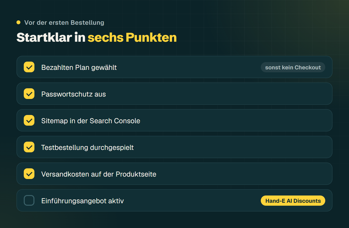 Checkliste für den Start: Plan gewählt, Passwortschutz aus, Sitemap eingereicht, Testbestellung gemacht, Versandkosten sichtbar, Einführungsangebot aktiv
