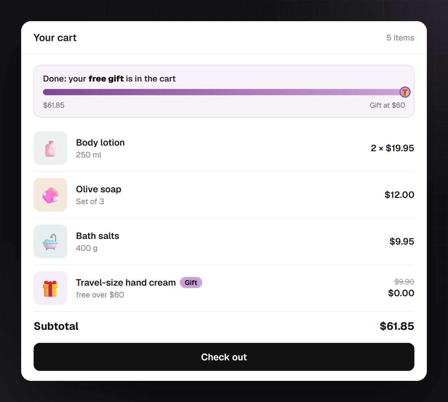 Cart with body lotion, olive soap and bath salts at $61.85, the progress bar is full, and the travel-size hand cream sits in it as a free gift at $0.00 instead of $9.90