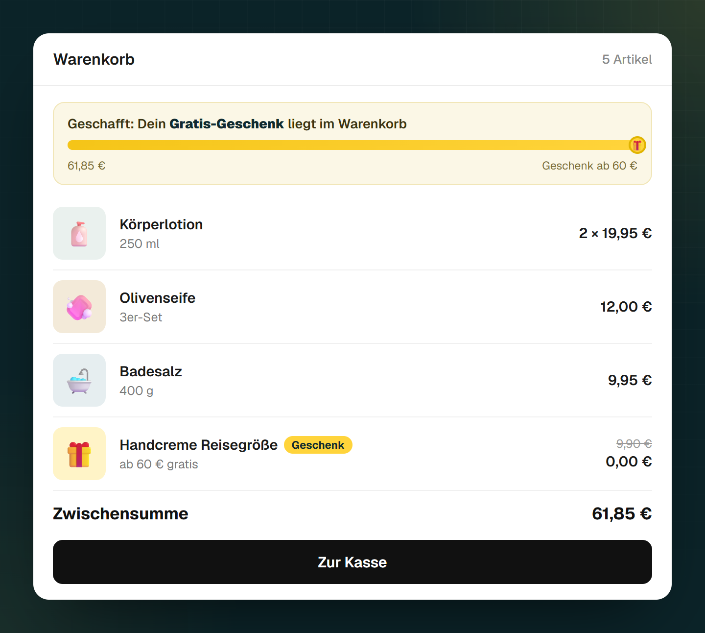 Warenkorb über 60 Euro, der Balken ist voll, und die Handcreme in Reisegröße liegt als Gratis-Geschenk für 0 Euro darin