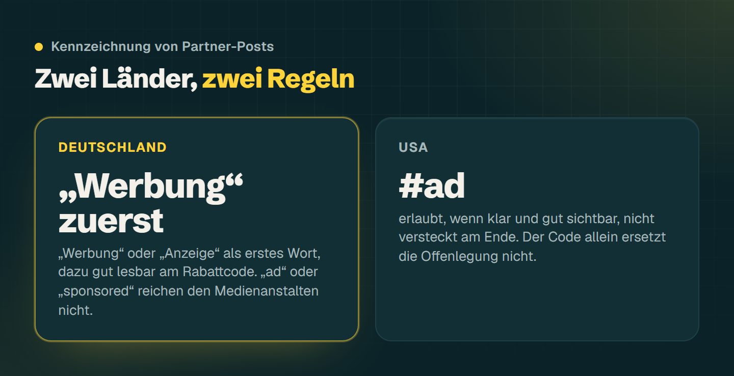 Vergleich der Kennzeichnung: In Deutschland Werbung oder Anzeige als erstes Wort, gut lesbar am Code, ad reicht nicht; in den USA ist #ad erlaubt, wenn es klar und gut sichtbar ist