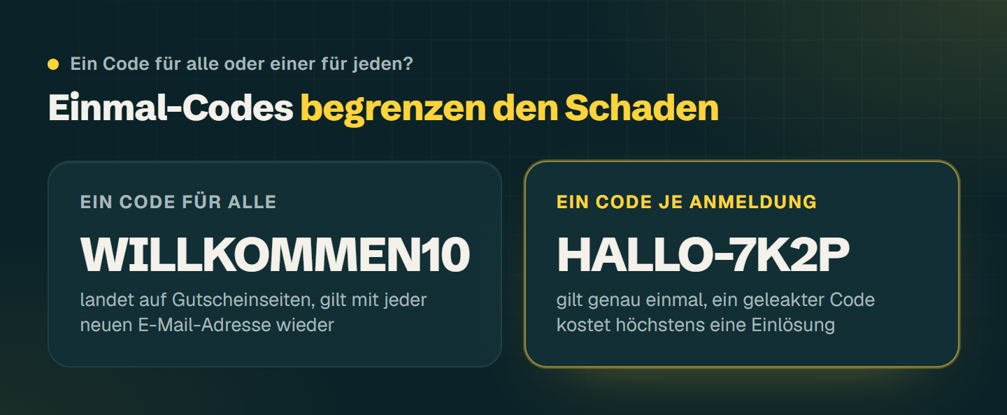 Vergleich: Ein gemeinsamer Code wie WILLKOMMEN10 landet auf Gutscheinseiten und gilt mit jeder neuen Adresse wieder, eindeutige Codes wie HALLO-7K2P gelten genau einmal