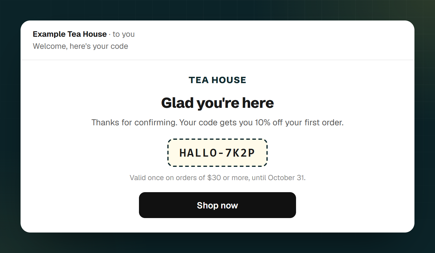 Welcome email in the inbox with a personal code for 10 percent off the first order, valid until a date