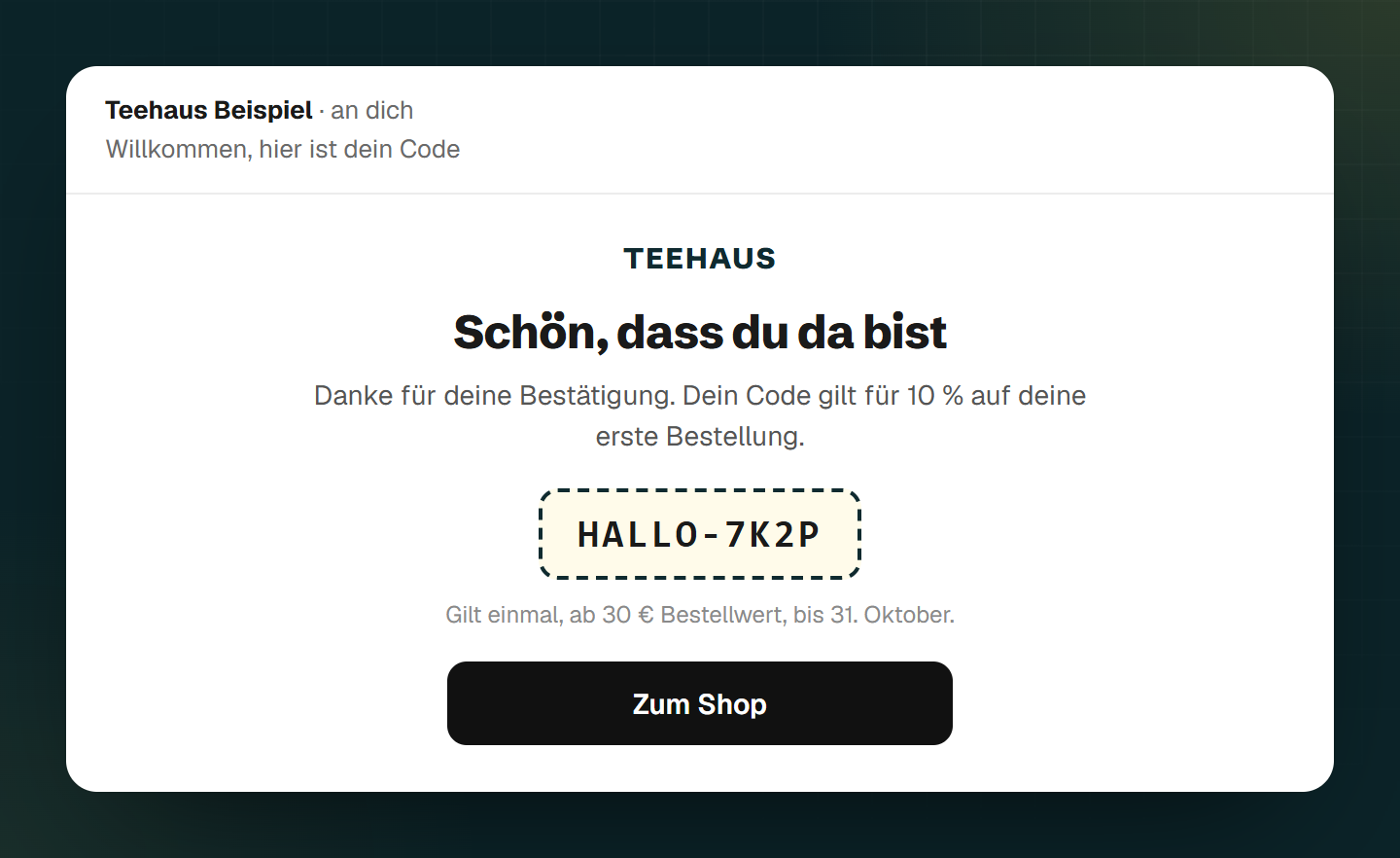 Willkommensmail im Posteingang mit einem persönlichen Code für 10 Prozent auf die erste Bestellung, gültig bis zu einem Datum