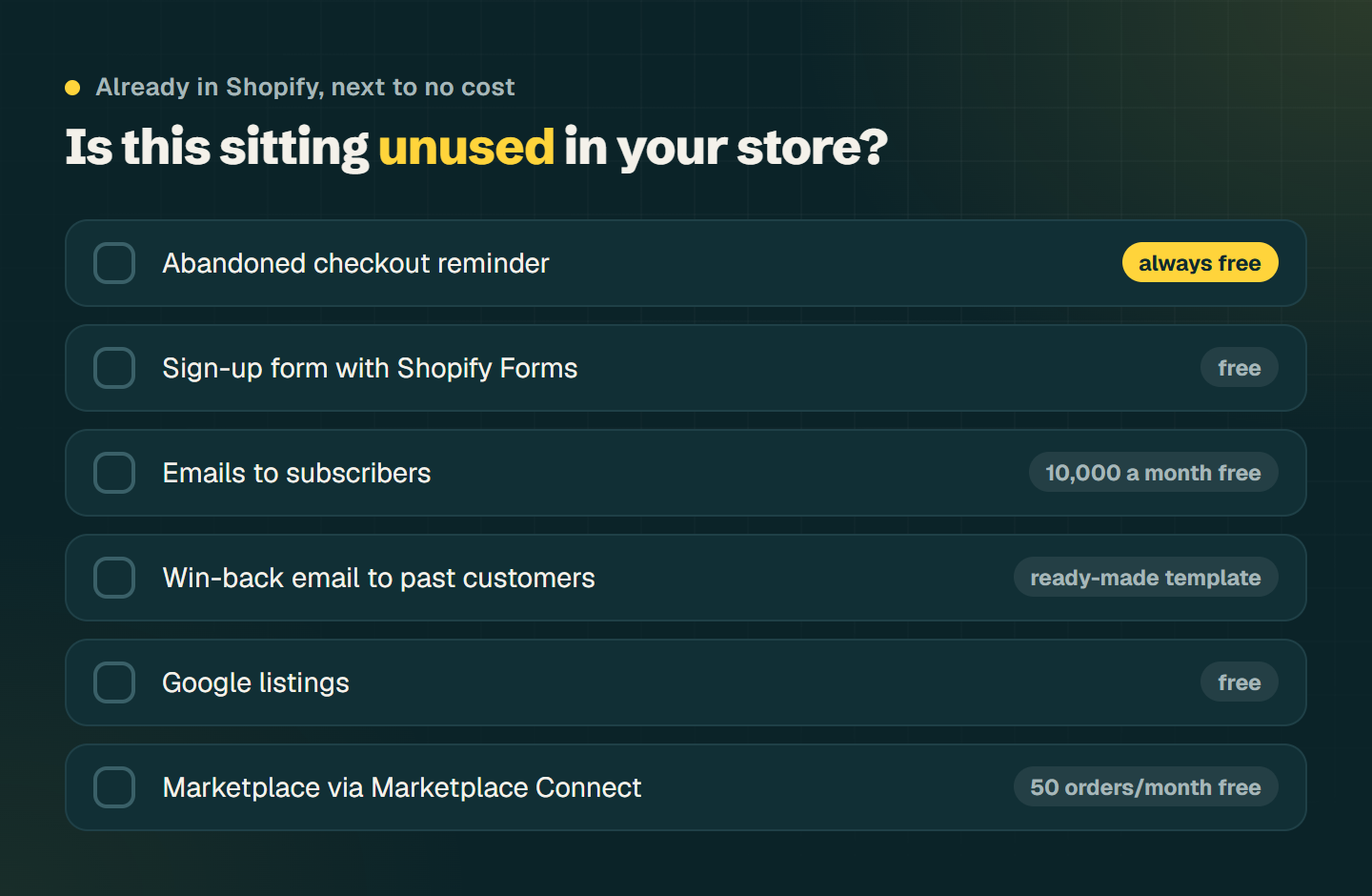 List of tools that cost next to nothing: checkout reminder, Shopify Forms, 10,000 emails a month, Google listings, Shop app, marketplace