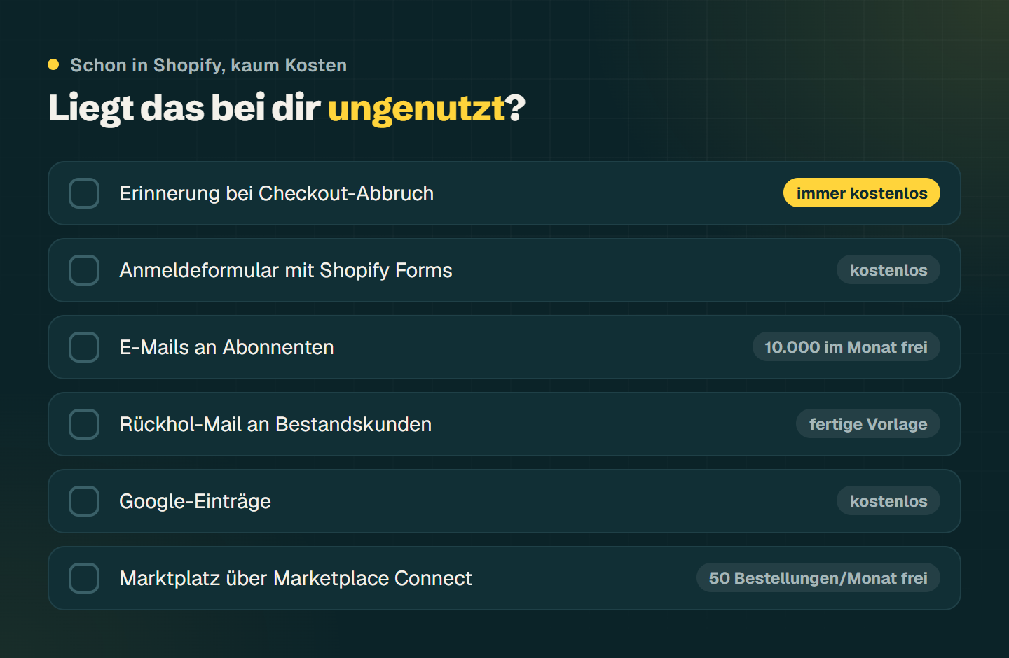 Liste von Werkzeugen, die kaum Geld kosten: Checkout-Erinnerung, Shopify Forms, 10.000 E-Mails im Monat, Google-Einträge, Shop-App, Marktplatz