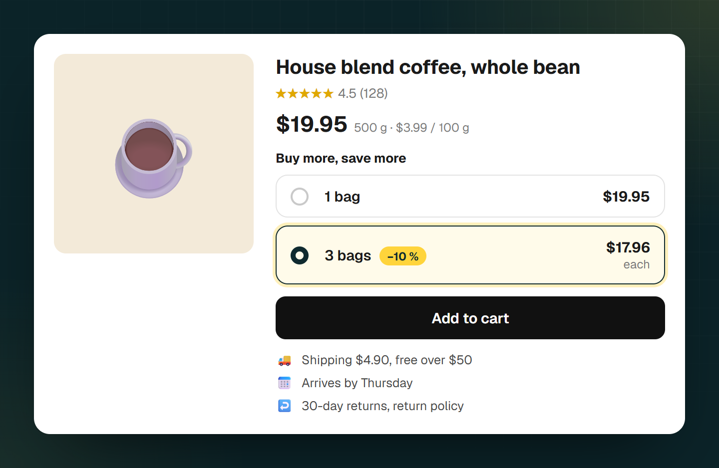 Product page in a store: image, name, stars, price with unit price, tiers with price per unit, and below that shipping, delivery date and returns