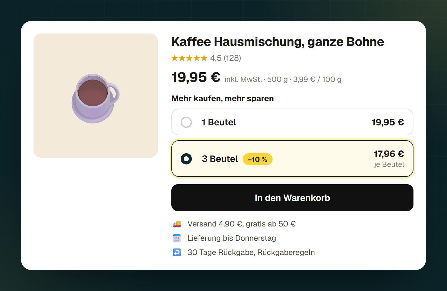 Produktseite im Shop: Bild, Name, Sterne, Preis mit Grundpreis, Staffel mit Preis je Stück, darunter Versand, Lieferdatum und Rückgabe