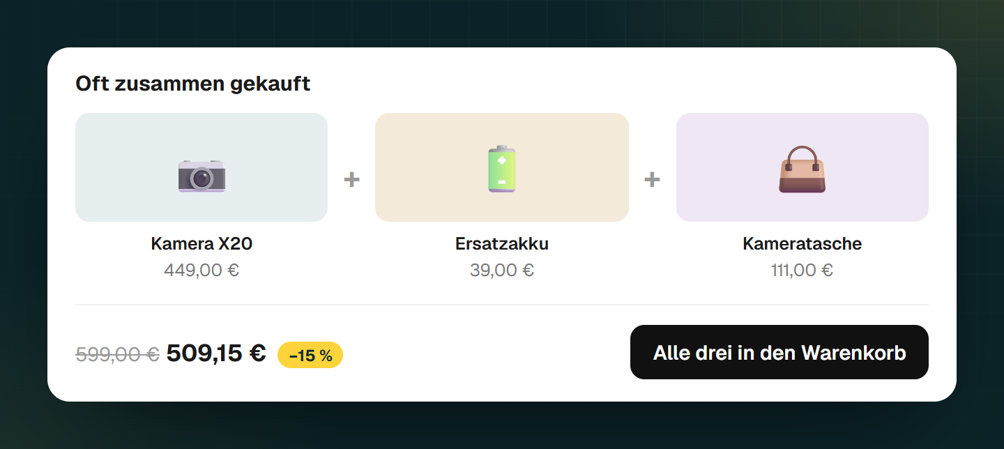 Angebot auf der Produktseite: Kamera, Ersatzakku und Tasche zusammen mit 15 Prozent Rabatt, 509,15 Euro statt 599,00 Euro