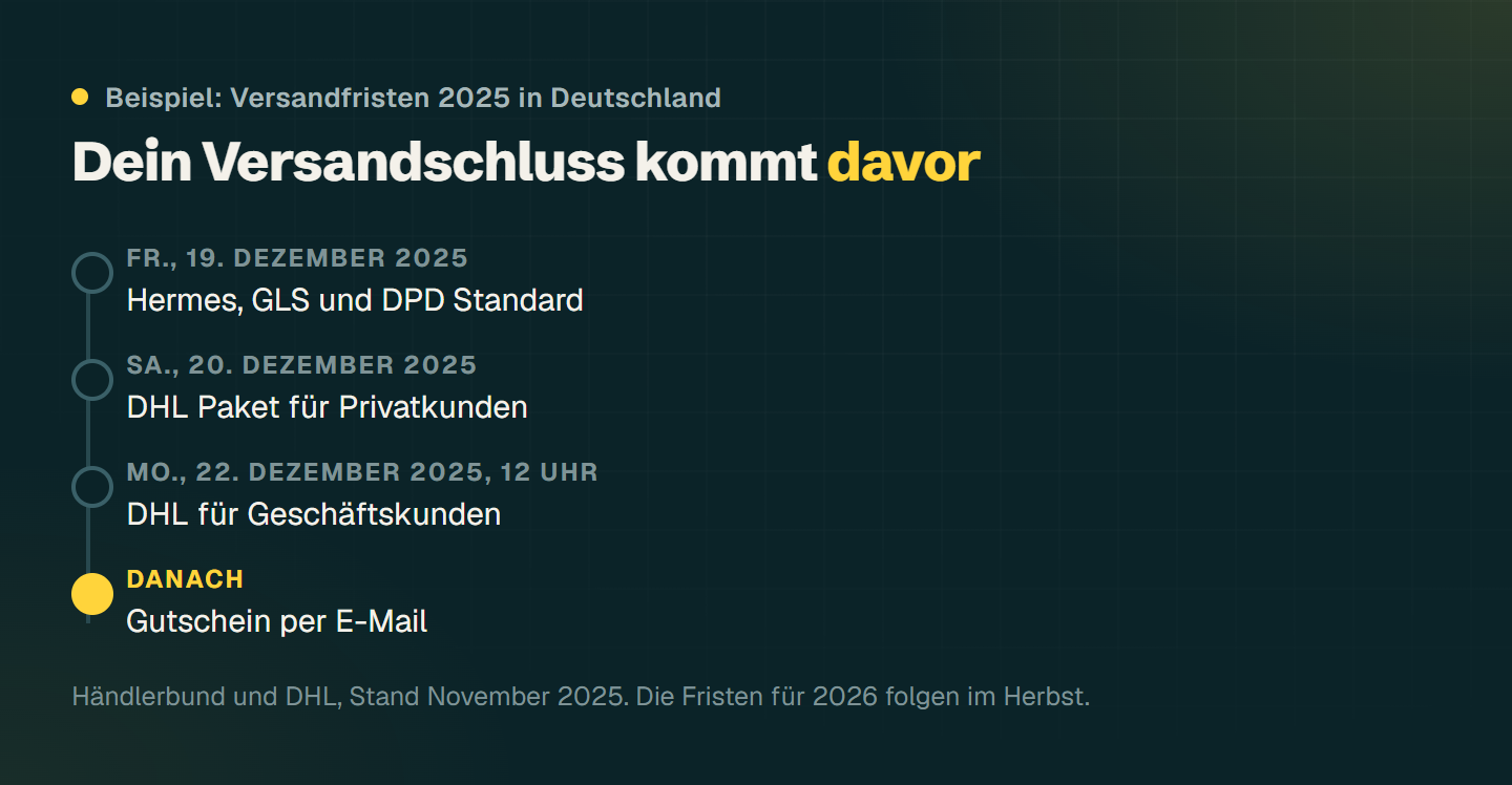 Versandfristen vor Weihnachten 2025 als Beispiel: Hermes, GLS und DPD am 19. Dezember, DHL Paket für Privatkunden am 20. Dezember, DHL für Geschäftskunden am 22. Dezember mittags, danach Gutscheine per E-Mail