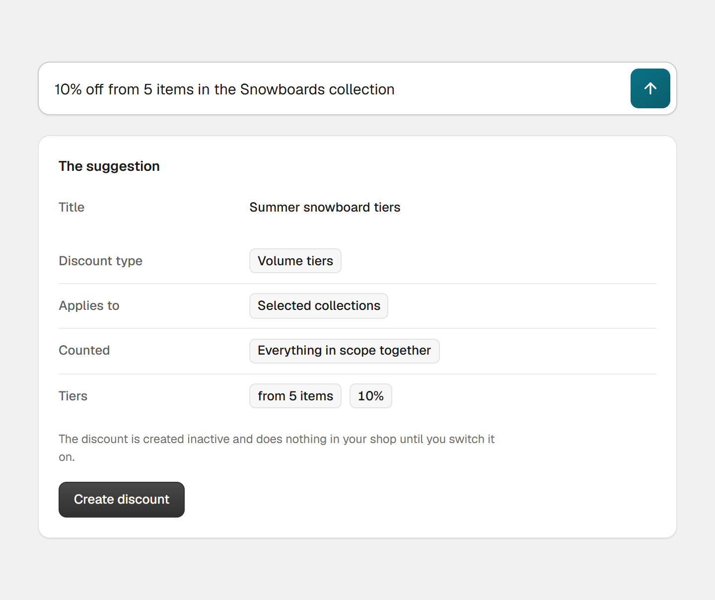 The AI assistant of Hand-E Discounts: one sentence as input, below it the complete suggestion to confirm