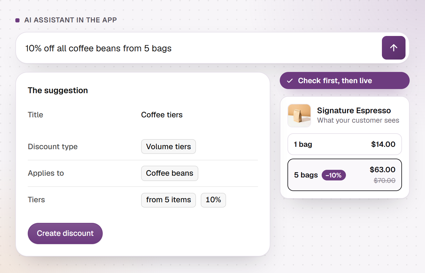 The AI assistant of Hand-E AI Discounts: one sentence as input, below it the complete suggestion to confirm