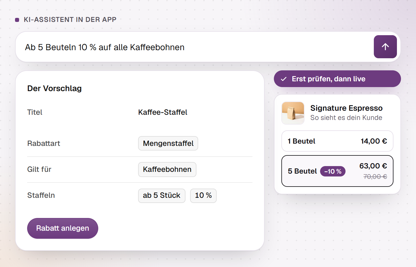 Der KI-Assistent von Hand-E AI Discounts: ein Satz als Eingabe, darunter der vollständige Vorschlag zur Bestätigung