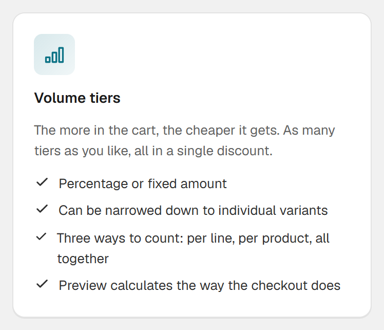 Volume tiers card in Hand-E Discounts: as many tiers as you like in a single discount, percentage or fixed amount, three ways to count and a preview that calculates the way the checkout does