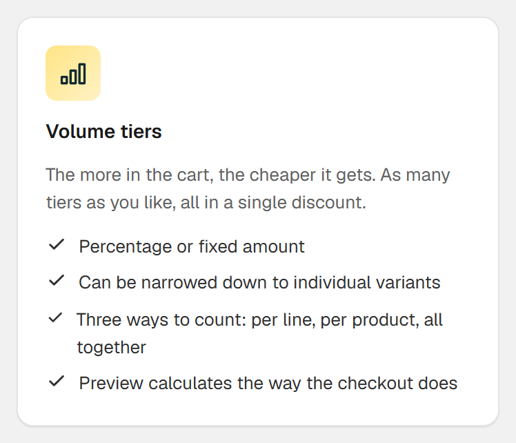 Volume tiers card in Hand-E AI Discounts with several tiers in one discount