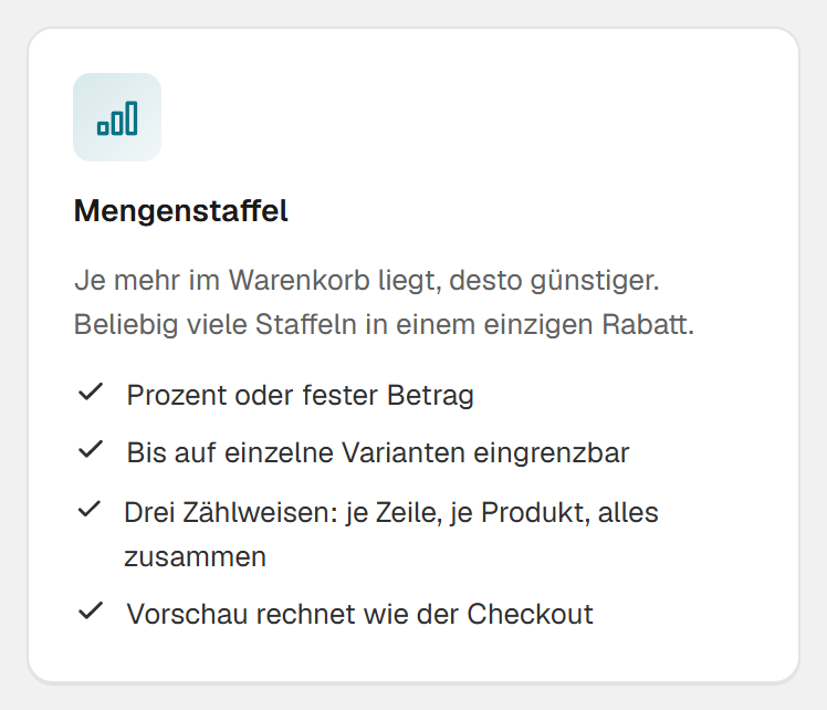 Karte Mengenstaffel in Hand-E Discounts mit den drei Zählweisen je Zeile, je Produkt und alles zusammen sowie Prozent oder festem Betrag bis auf einzelne Varianten