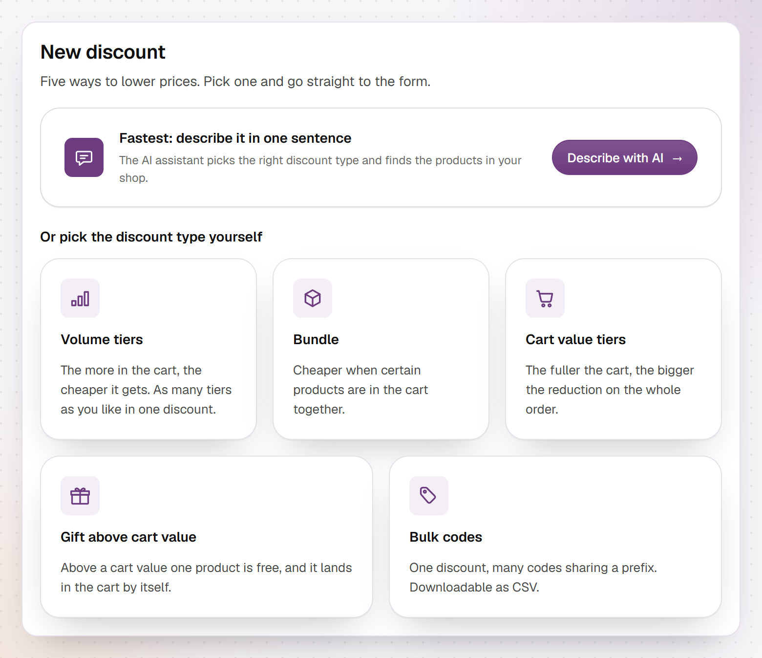 New discount page in Hand-E AI Discounts: the AI assistant at the top, below it five discount types from volume tiers to bulk codes, one discount with many codes sharing a prefix and a CSV download