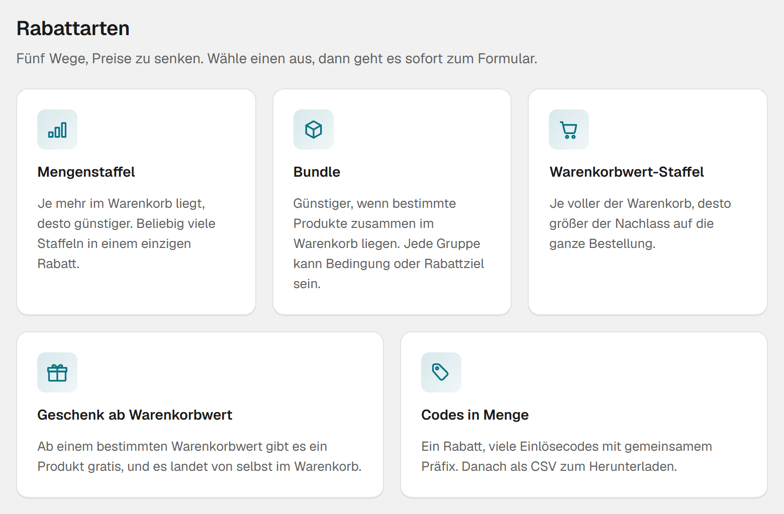 Die fünf Rabattarten als Kacheln in Hand-E Discounts, jede mit einem Klick ins passende Formular