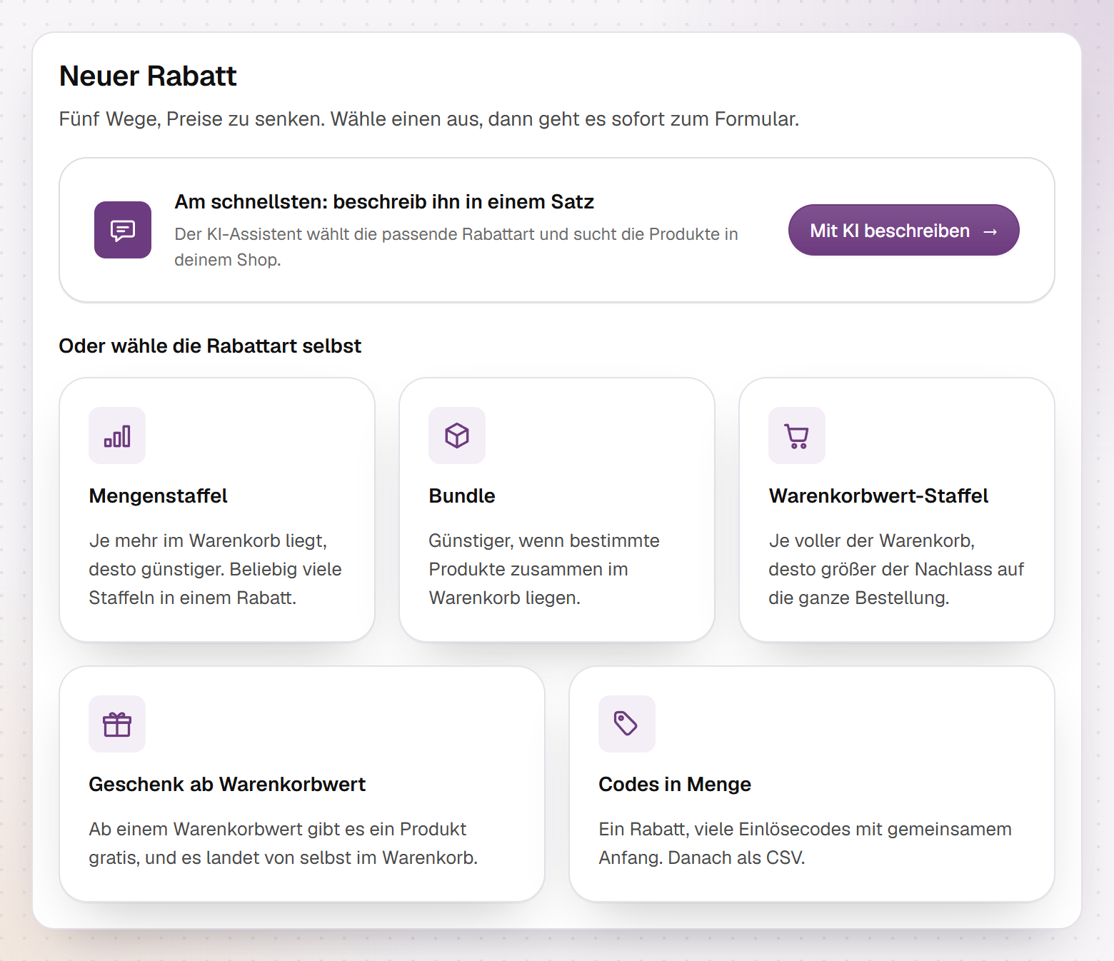 Seite Neuer Rabatt in Hand-E AI Discounts: oben der Einstieg über den KI-Assistenten, darunter fünf Rabattarten von der Mengenstaffel bis zu Codes in Menge, ein Rabatt mit vielen Einlösecodes und CSV