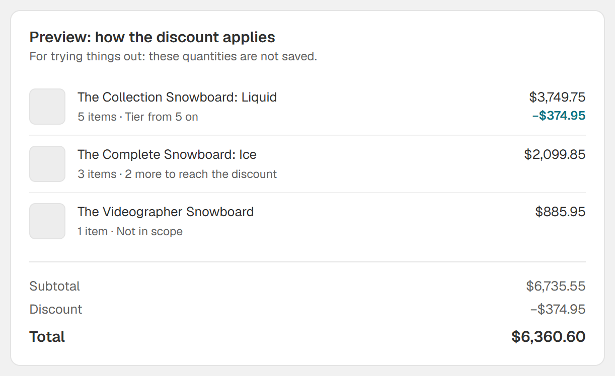 The cart preview shows for each line which discount applies and why, followed by subtotal, discount and total