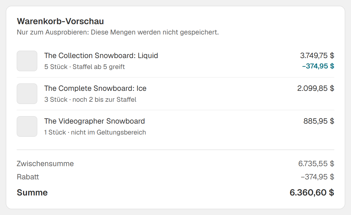 Die Warenkorb-Vorschau mit drei Produktzeilen, dem Rabatt je Zeile, einer Begründung je Zeile sowie Zwischensumme, Rabatt und Summe