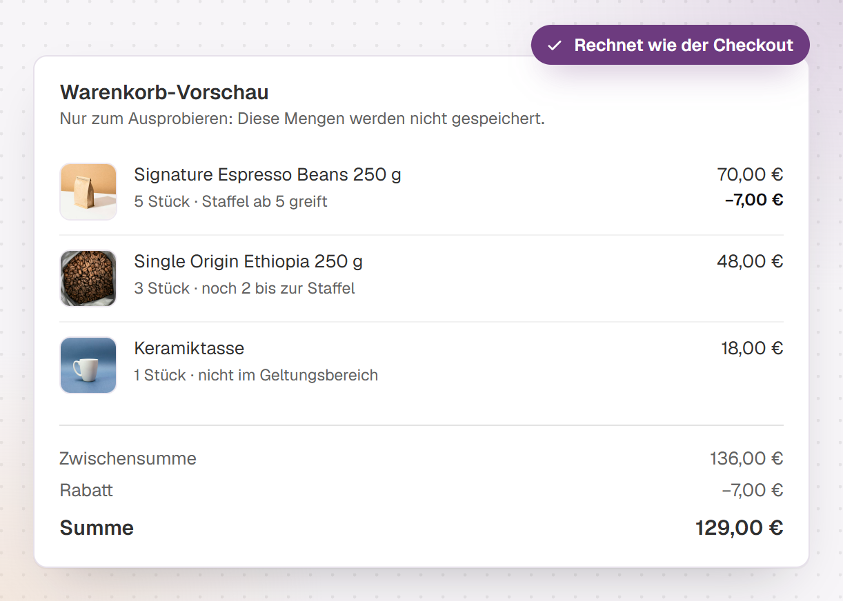 Die Warenkorb-Vorschau rechnet je Zeile vor, welcher Rabatt greift und warum, darunter Zwischensumme, Rabatt und Summe