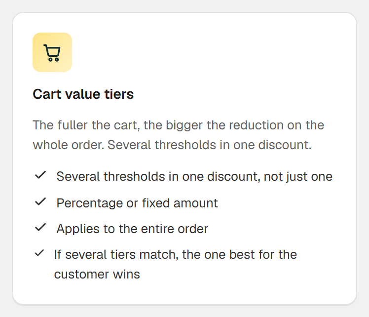 Cart value tiers card in Hand-E AI Discounts with several tiers in one discount