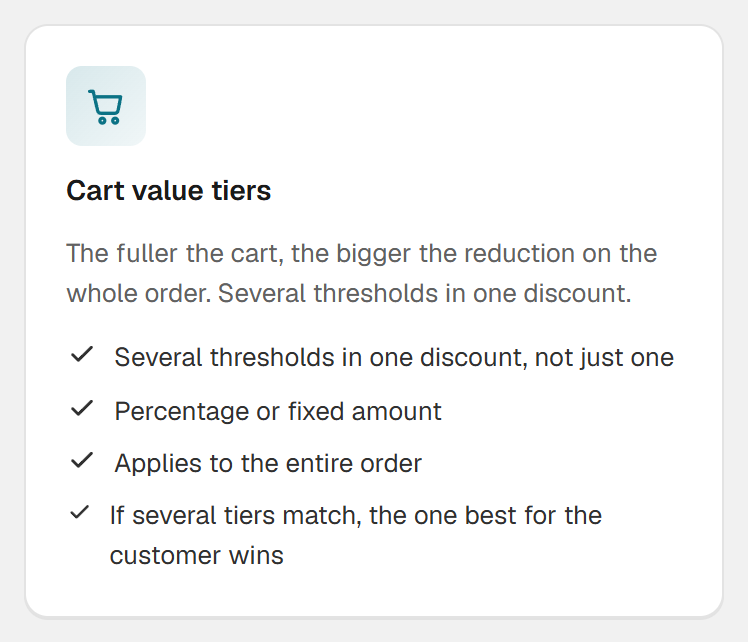 Cart value tiers card in Hand-E Discounts: several thresholds in one discount on the entire order, percentage or fixed amount, and if several tiers match, the one that saves the customer more wins