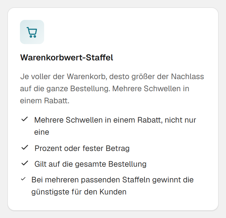 Karte Warenkorbwert-Staffel in Hand-E AI Discounts mit mehreren Stufen in einem Rabatt