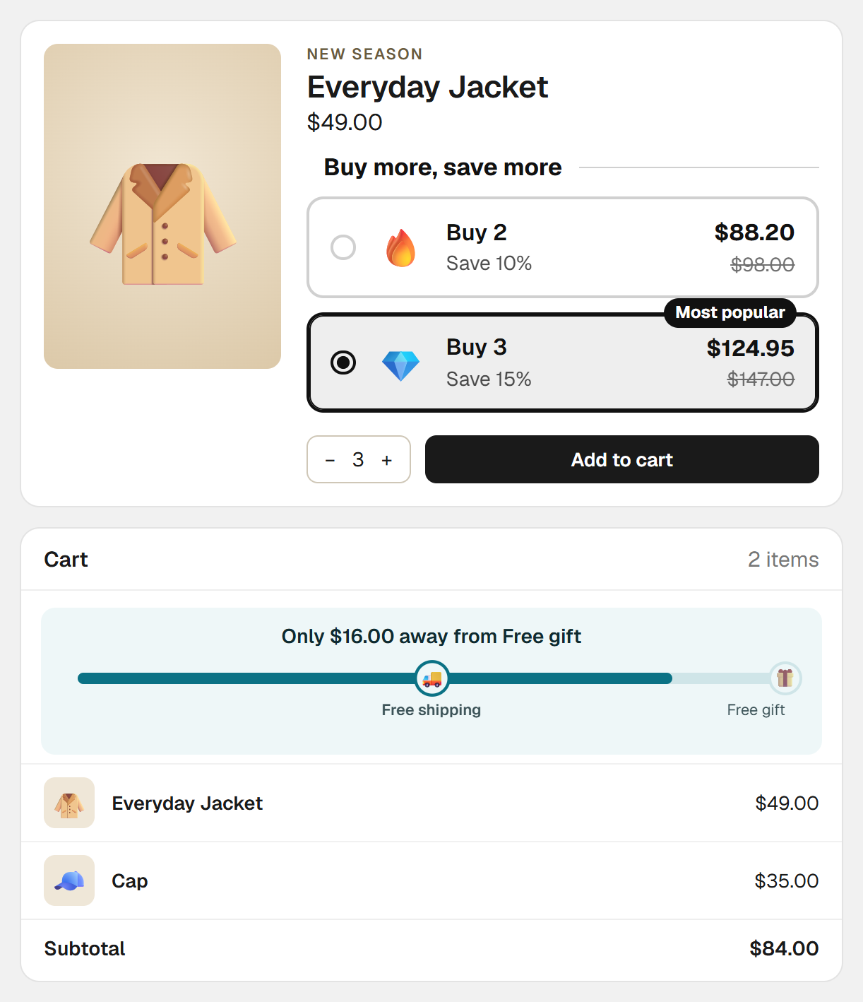 A volume tier widget on the product page, and below it the cart with the progress bar: free shipping reached, 16 dollars left to the free gift