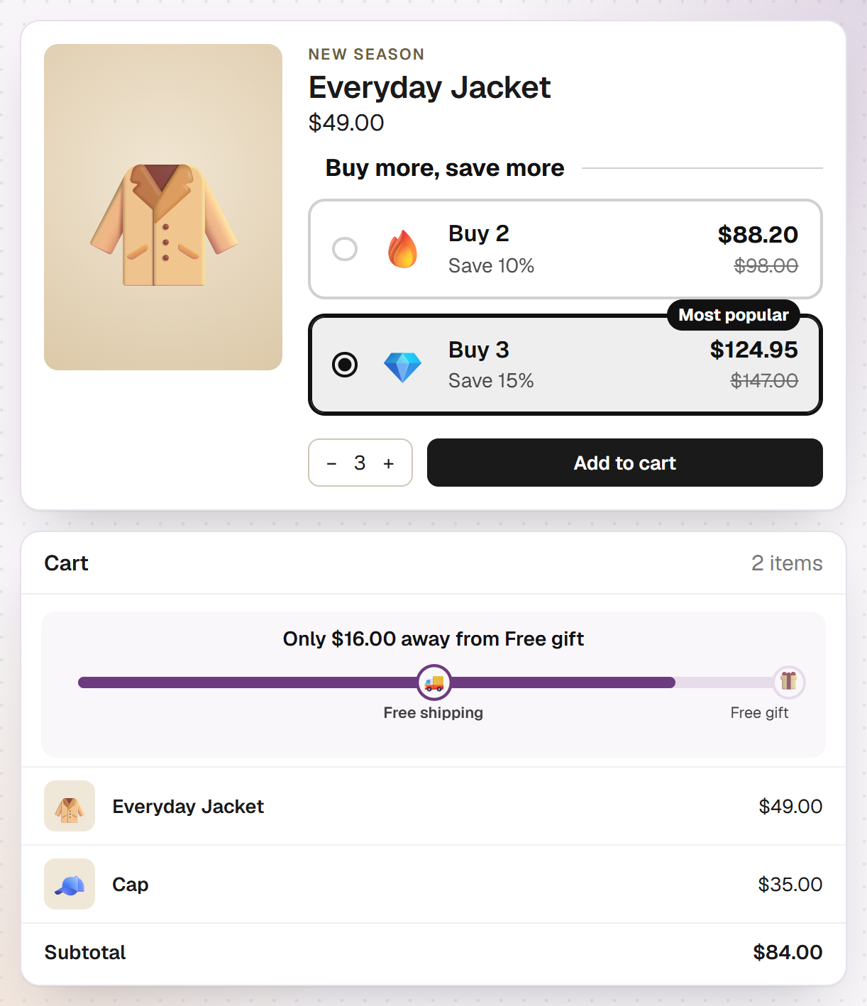 Volume tiers as a widget on the product page, with a price for each quantity, below it the cart with the progress bar: free shipping reached, $16 to go until the gift