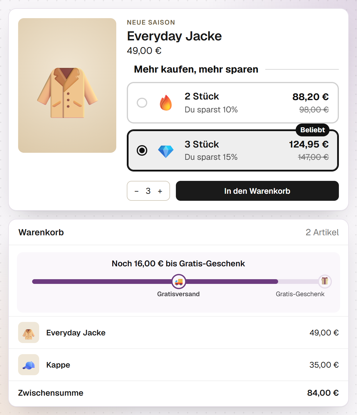Eine Mengenstaffel als Widget auf der Produktseite, mit dem Preis je Menge, darunter der Warenkorb mit dem Fortschrittsbalken