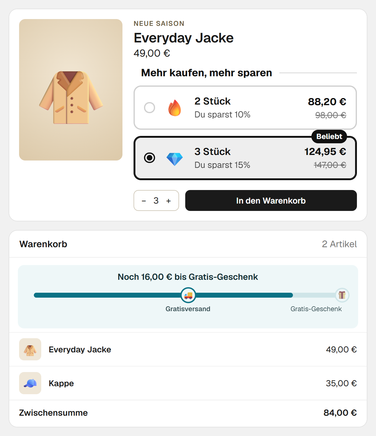 Eine Mengenstaffel als Widget auf der Produktseite, mit Preis je Menge, darunter der Warenkorb mit dem Fortschrittsbalken