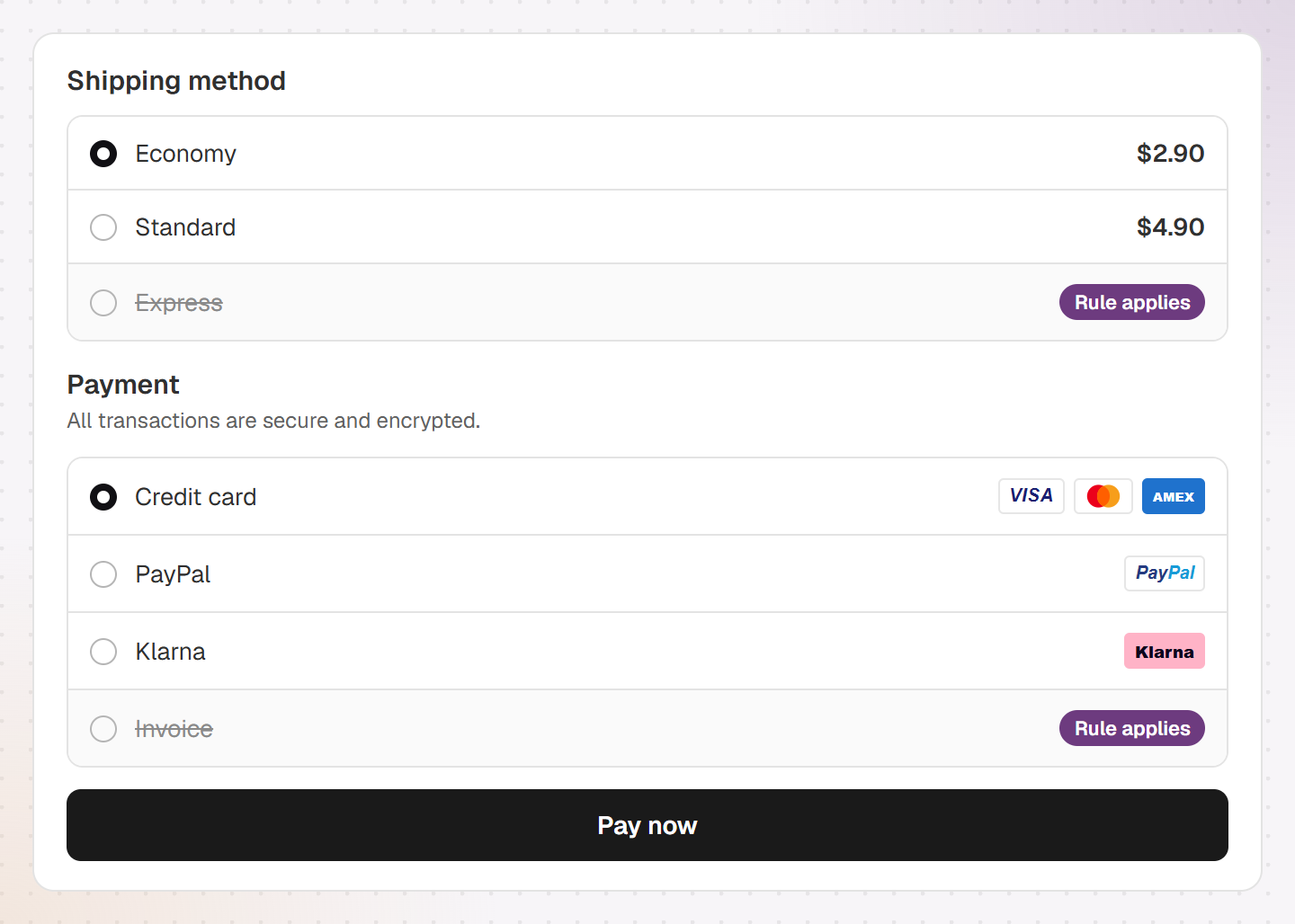 Recreated checkout: Express and Invoice are marked “Rule applies” and crossed out, Economy, Standard, Credit card, PayPal and Klarna remain available
