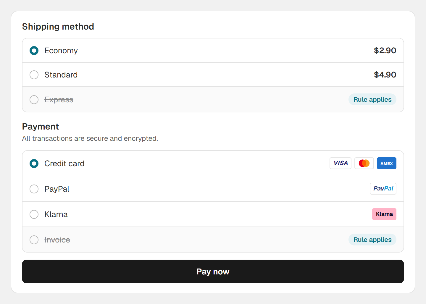 Checkout with shipping and payment selection: express shipping and invoice are hidden by rules