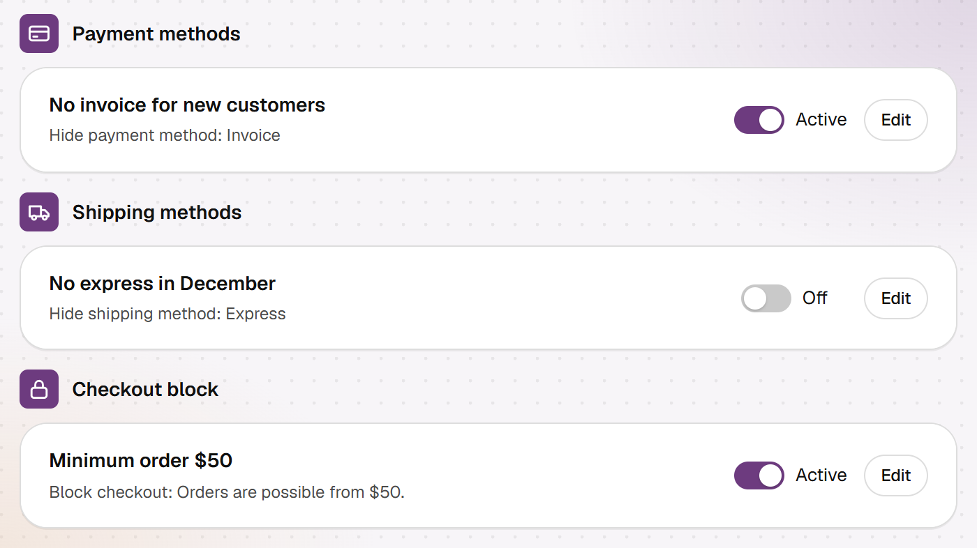 The rule list of Hand-E Checkout Rules, grouped into payment methods, shipping methods and checkout block, each rule with a switch and an Edit button