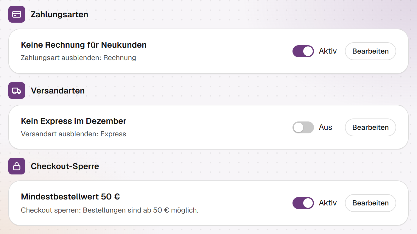 Die Regelliste von Hand-E Checkout Rules nach Bereichen: Keine Rechnung für Neukunden ist aktiv, die Versandregel Kein Express im Dezember ist aus, die Checkout-Sperre Mindestbestellwert 50 € ist aktiv
