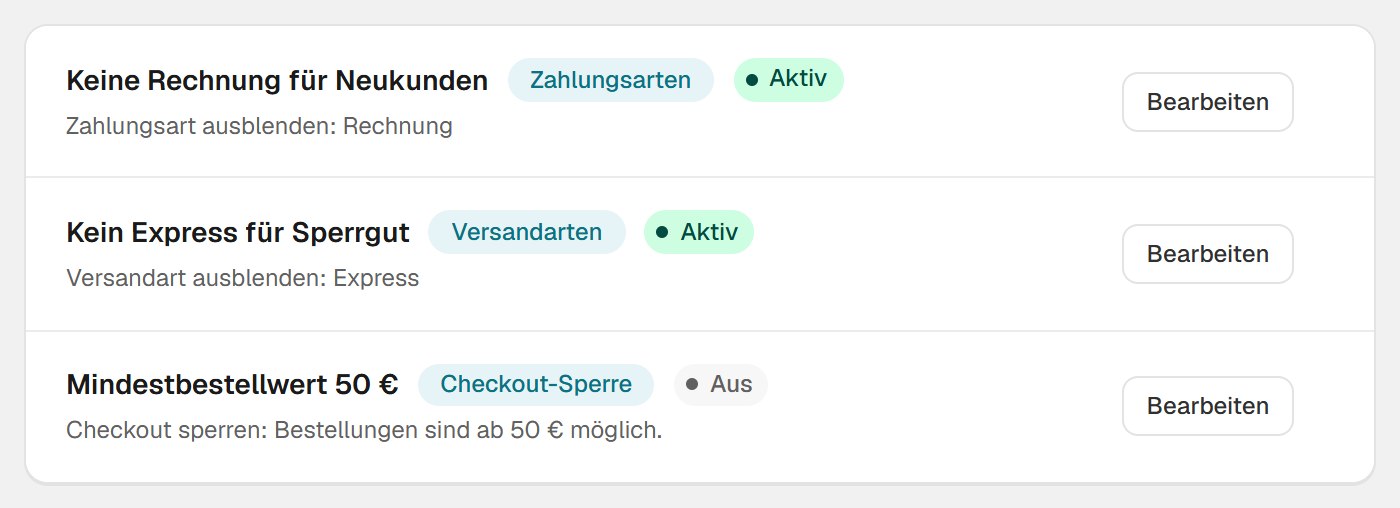 Die Regelliste in Hand-E Checkout Rules: je eine Regel für Zahlung, Versand und Checkout-Sperre, jede einzeln aktiv oder ausgeschaltet
