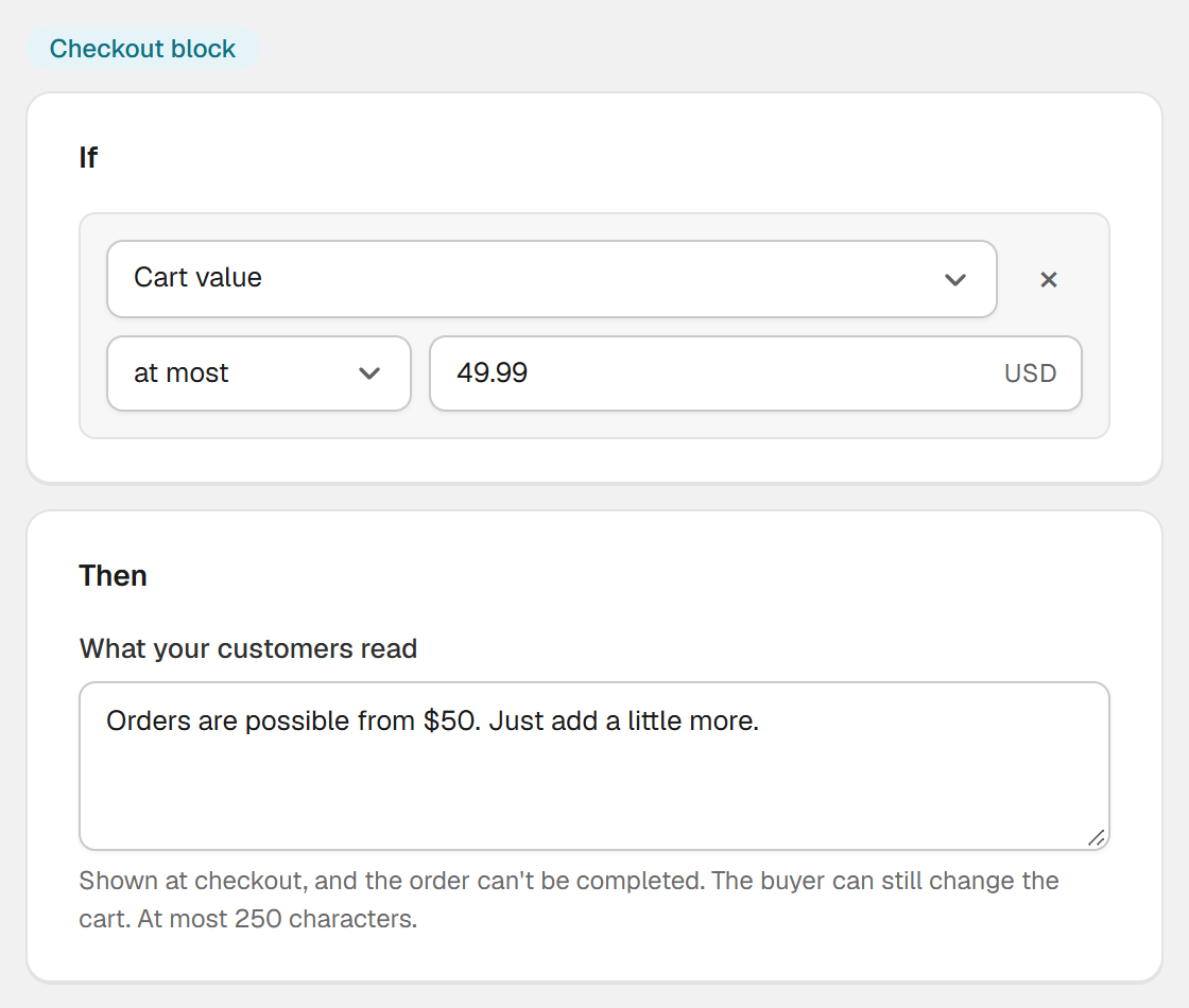 A checkout block in Hand-E Checkout Rules: cart value at most 49.99, plus the message your customers read